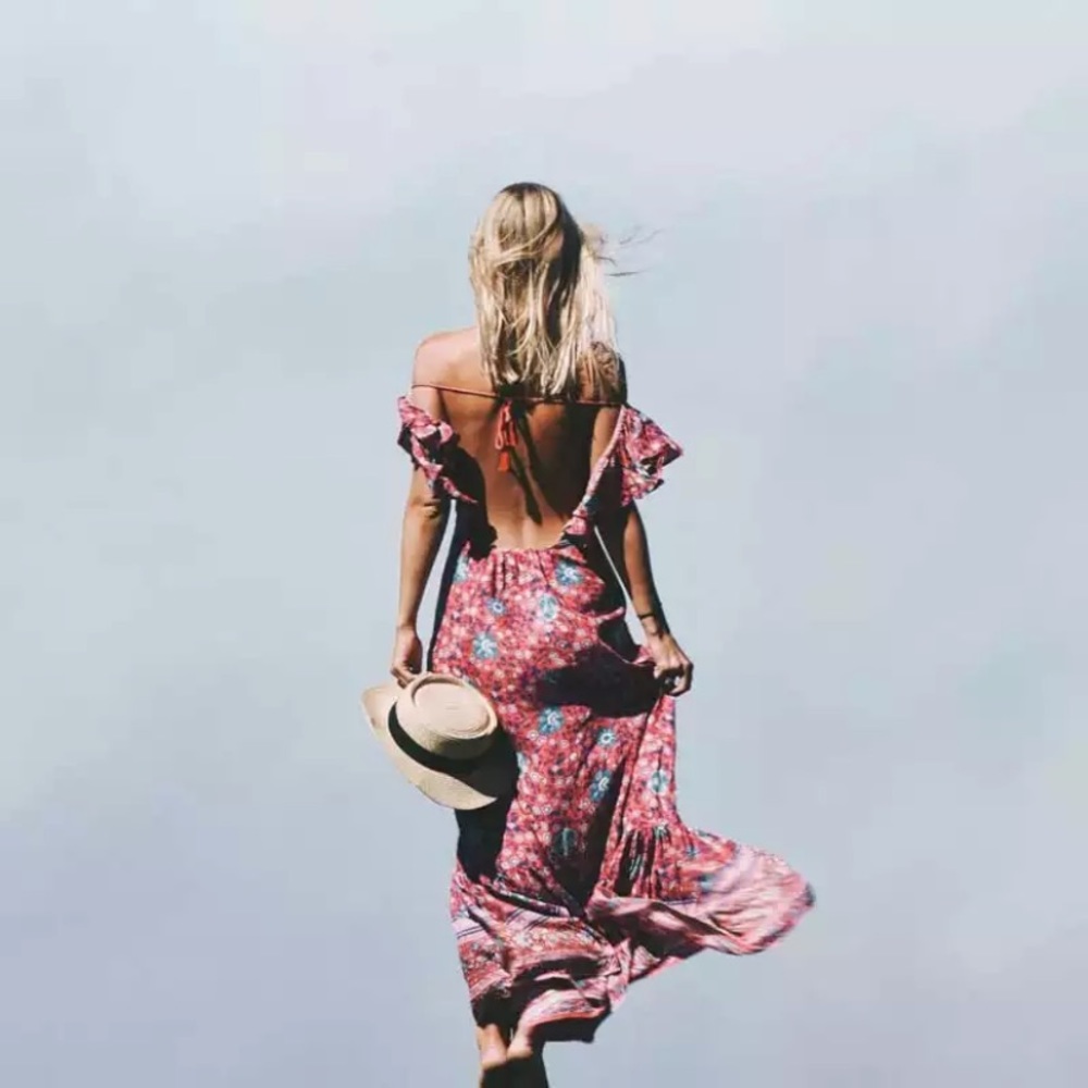 SOLD OUT Red Butterfly Sleeve Bohemian Floral Maxi Dress - Picture 4 of 5